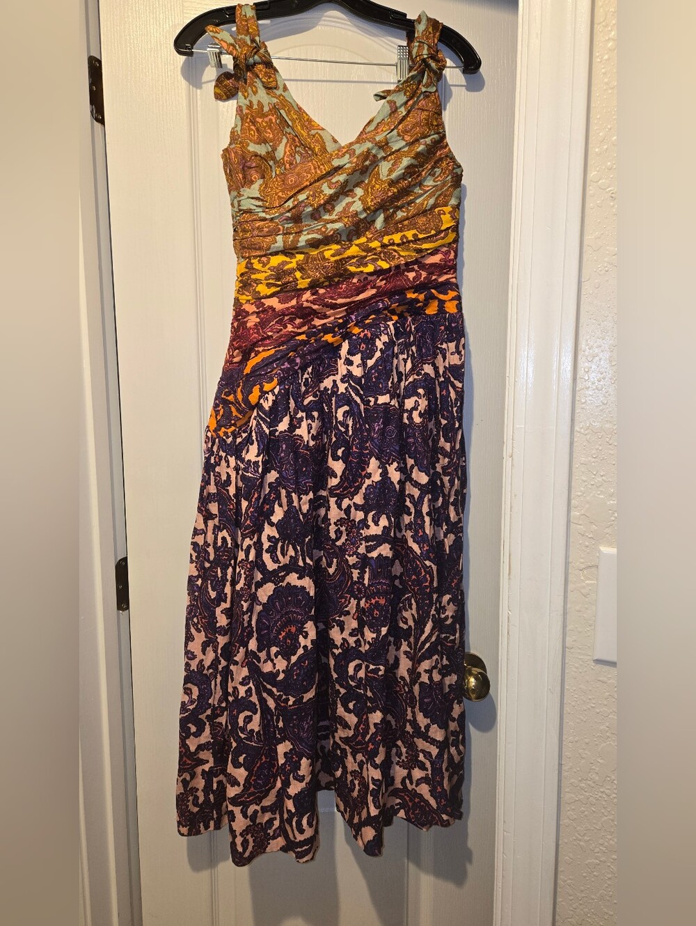 Zimmermann Tiggy Bow Midi Dress.Teal, Mustard & Purple Patterned Maxi Dress